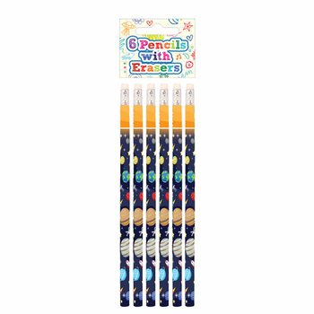 Uzay Temalı Kurşun Kalem ve Silgi Seti (6 Parça) - Stand (24 Set)