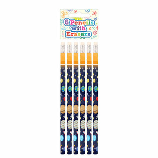 Uzay Temalı Kurşun Kalem ve Silgi Seti (6 Par&ccedil;a) - Stand (24 Set)