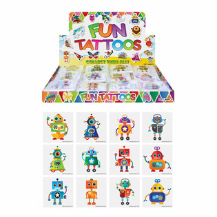 FUN TATTOO&rsquo;S - MODEL: ROBOT, Her Pakette 12 adet D&ouml;vme STANDLI (48 Paket)